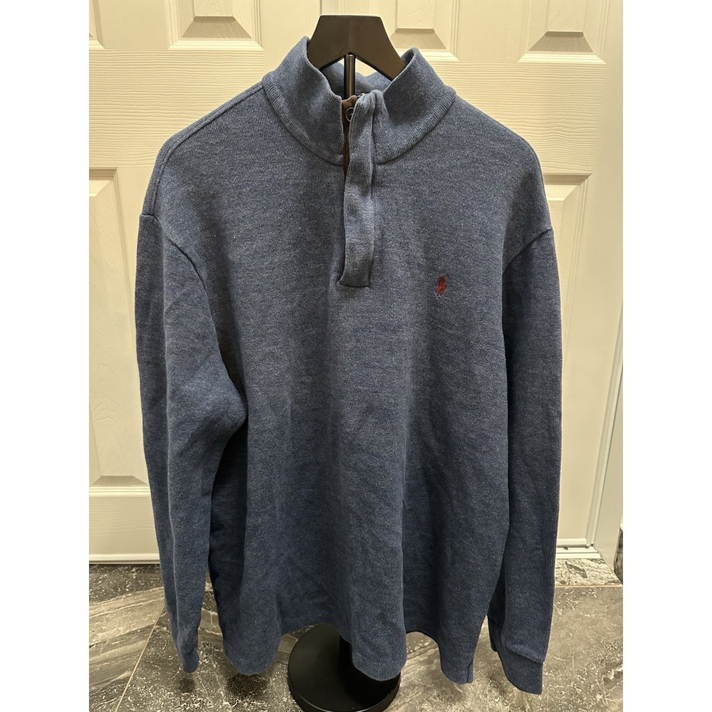 polo ralph lauren mens quarter zip sweater‎ Blue With Brown Elbow Patches XXL